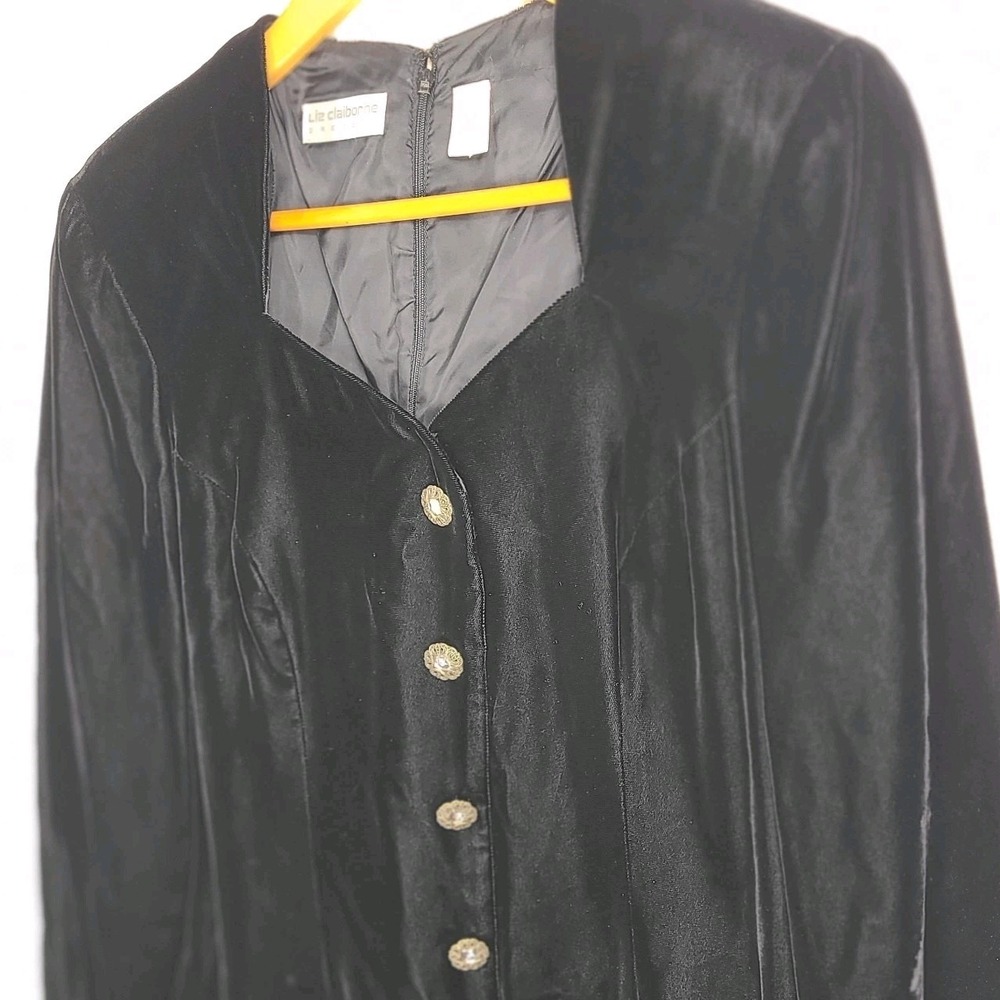 Vtg Liz Claiborne Womens Black Velvet Dress Sz 6 Long Sleeve Antique Buttons